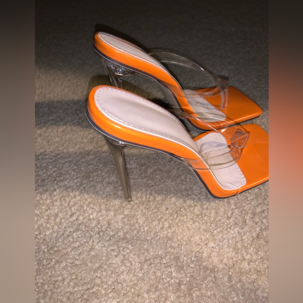 Orange and clear summer heeled sandals for narrow feet
